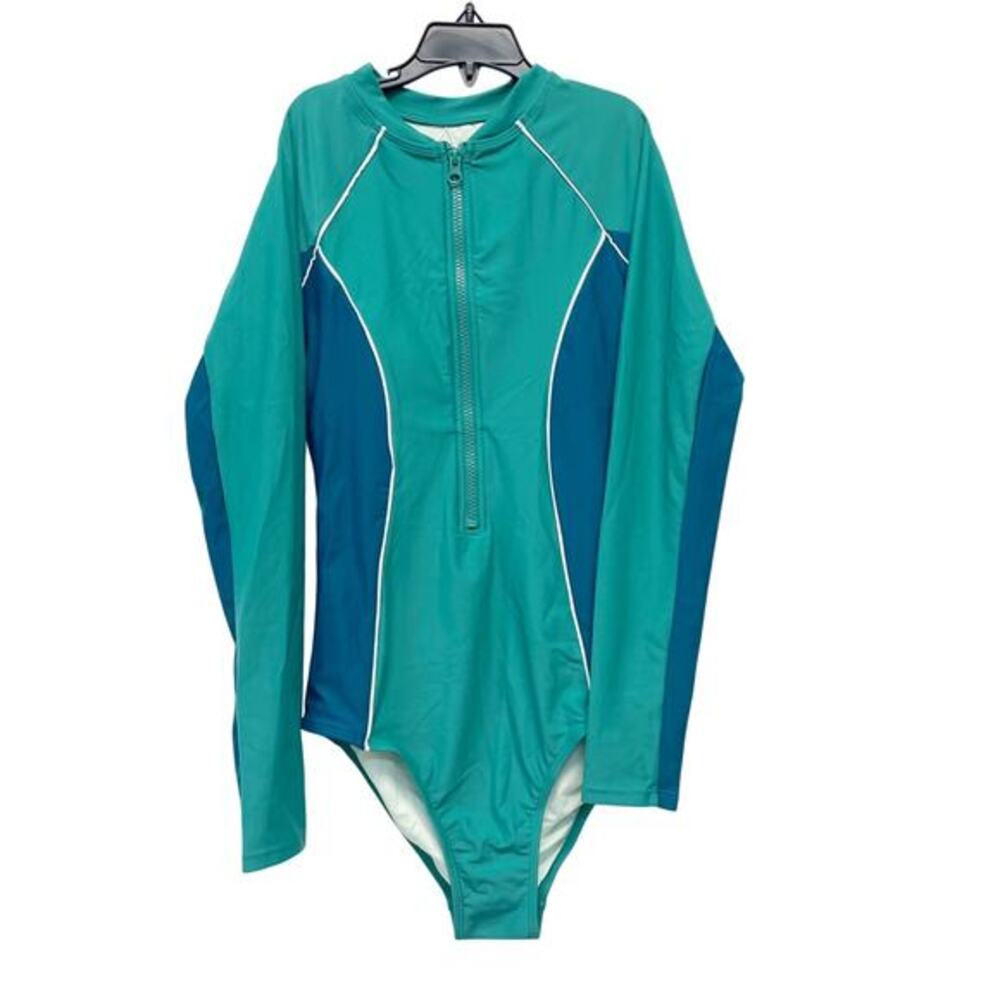 Cupshe Women's‎ Colorblock Zip Up Long Sleeve Rashguard Swimsuit Blue Green XS
